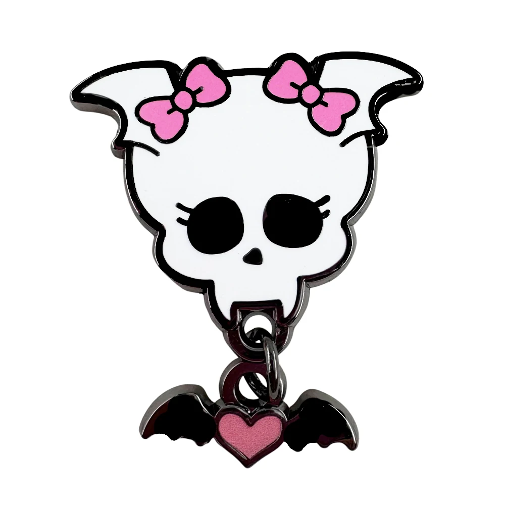 Monster Animated Movies Enamel Pin Cartoon Black Bat Love Skull Pink Bow Brooches Vampire Lapel Badge Pendant Jewelry Gifts