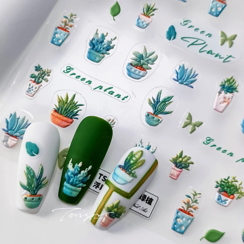 Fresh Green Blue Potted Plant Succulent Cactus Butterfly Spring 5D Embossed Relief Self Adhesive Nail Art Sticker Manicure Decal