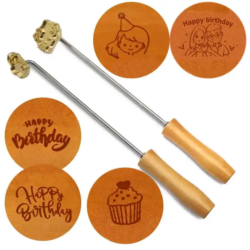 Cake Branding Mold Happy Birthday Metal Iron Stamp 3cm Brass Embossed Stamp Head with Wooden Handle Bakery Kitchen Baking Tools