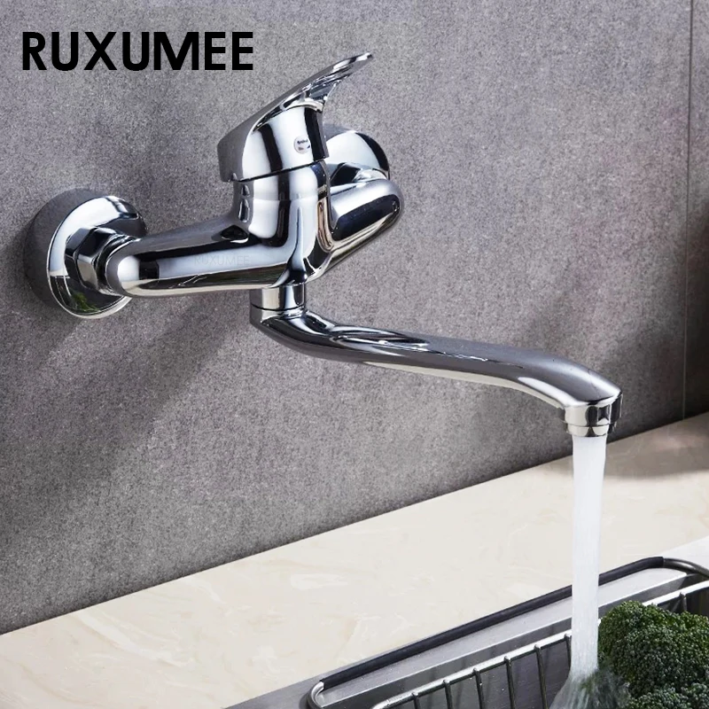 

Вращающийся настенный кухонный смеситель, полированный хром, умывальники с горячей и холодной водой, смеситель для раковины, смеситель для ванной комнаты