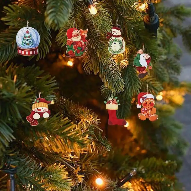 Wooden Christmas Tree Ornaments 12X Cartoon Wooden Ornaments Colorful Wood Circles Slices Decorative Craft Pendants For Winter