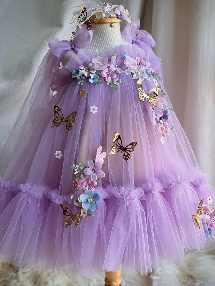 Lilac Luxurious Birthday Party Dress For Girls Elegant Pearls Evening Dresses For Teenage Girls Party Frock For Wedding Kids