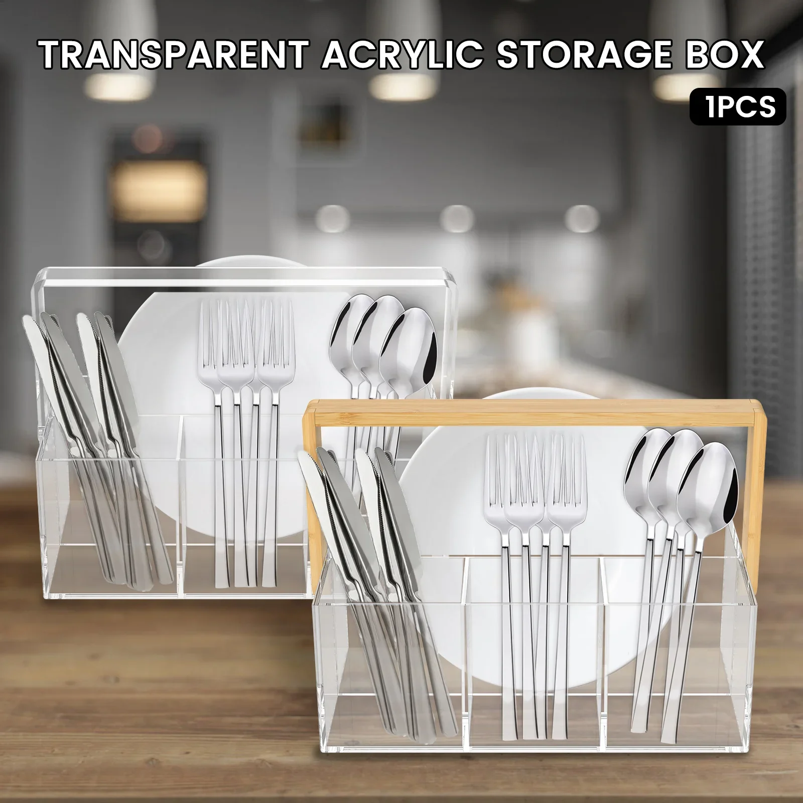 4 Grids Acrylic kitchen cutlery organizerTableware Plates Cutlery holder with Handle Multipurpose Cosmetics stationery organizer