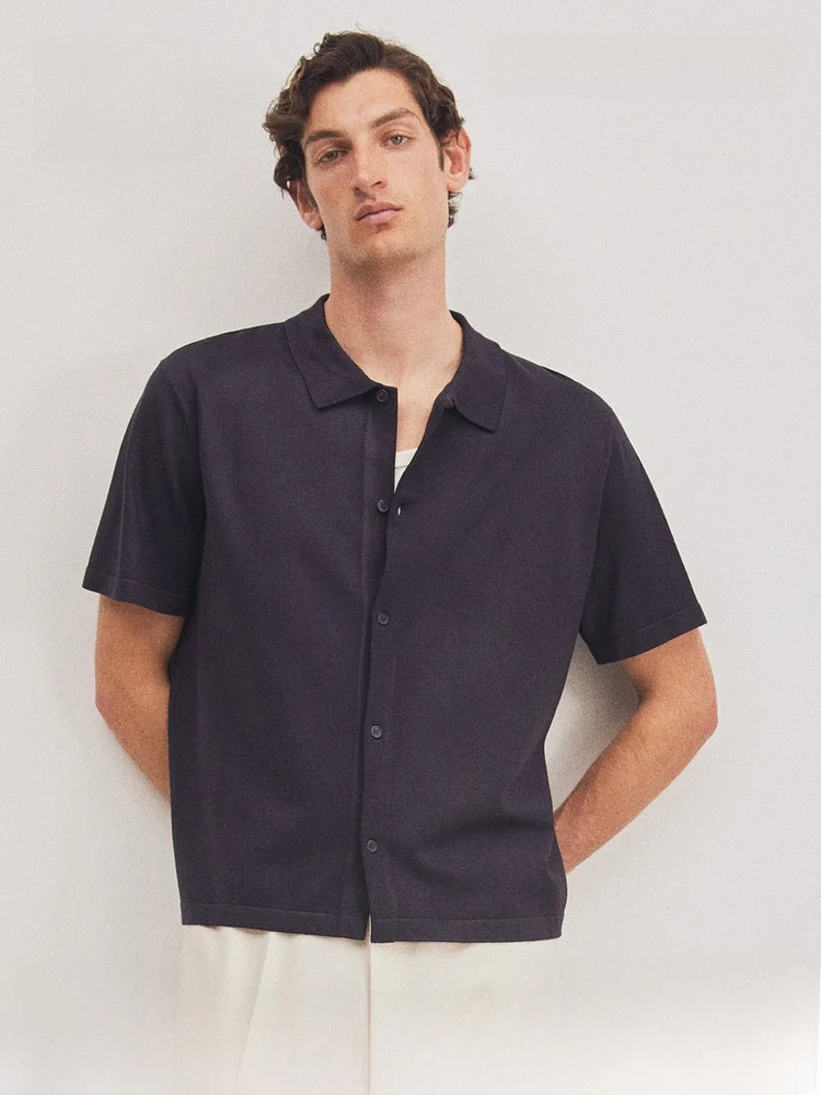 

H&M Men's Standard Fit Fine Knit Shirt Summer Casual Style Short Sleeve Pure Color Button up Casual Wear Home Outdoor Daily