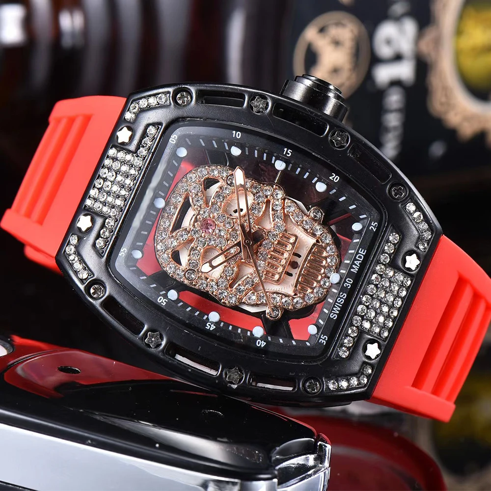 Luxury Diamond Watch for Men Steampunk Skull Dial Transparent Wristwatch Fashion Tonneau Clock Male Silicone Strap Reloj Hombre