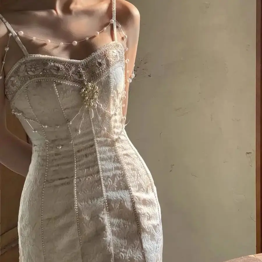 Robe en queue de poisson pour femme, robe de piste perlée, cour française, goutte d'eau, vintage, sexy, rétro, 2024