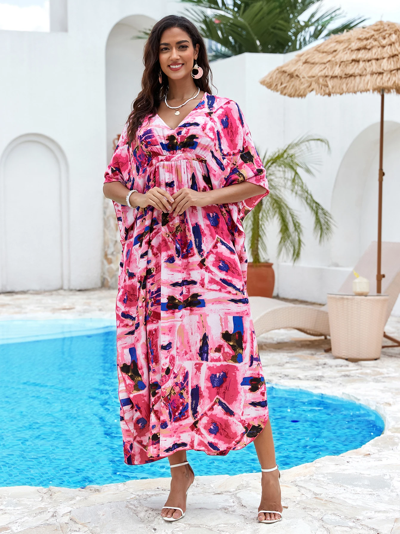 女性用カフタンワンピース、プラスサイズ水着カバーアップ、カフタンマキシビーチドレス