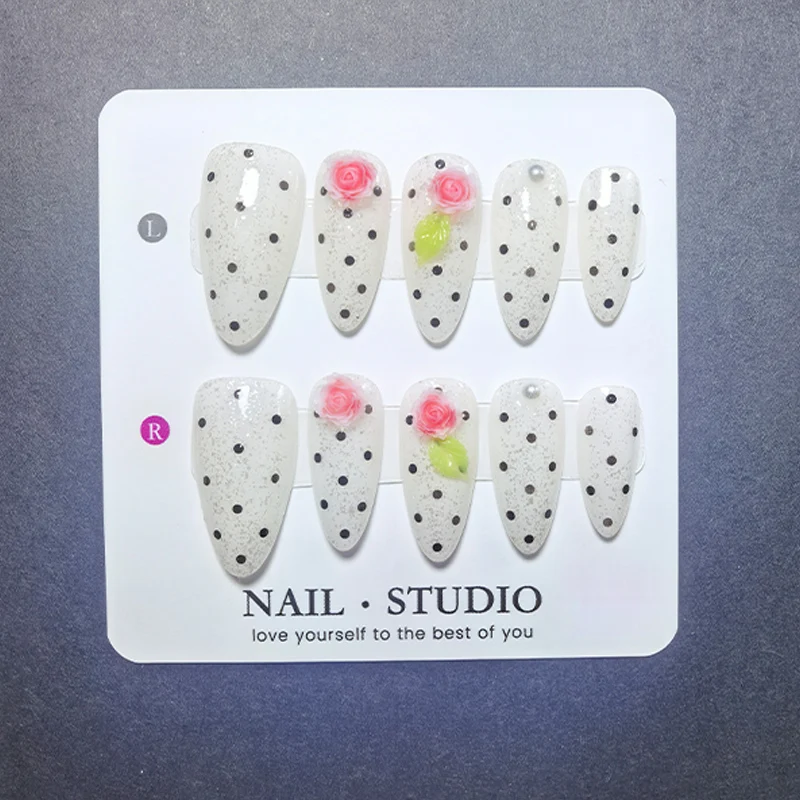 10Pcs Almond Cat Eye Press on Nails with Mirror Powder, Polka Dot Cherry Opal Design, Magnetic Chrome False Nails - view 3