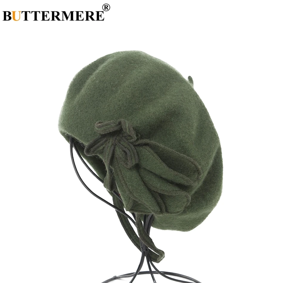 BUTTERMERE Wool French Beret For Women Green Elegant Painters Hats Ladies Solid Bowknot Female Beret Autumn Winter Artist Cap