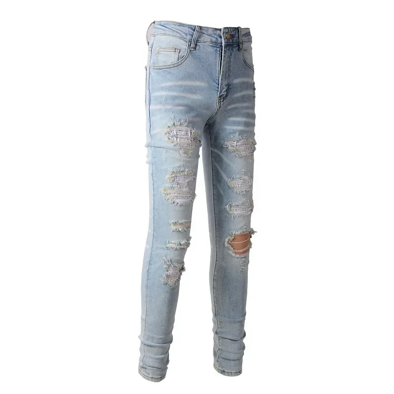 2024 Fashion Men's High Street Trendy Brand Jeans, New Trendy Youth Blue Ripped Skinny Slightly Elastic Casual Trousers