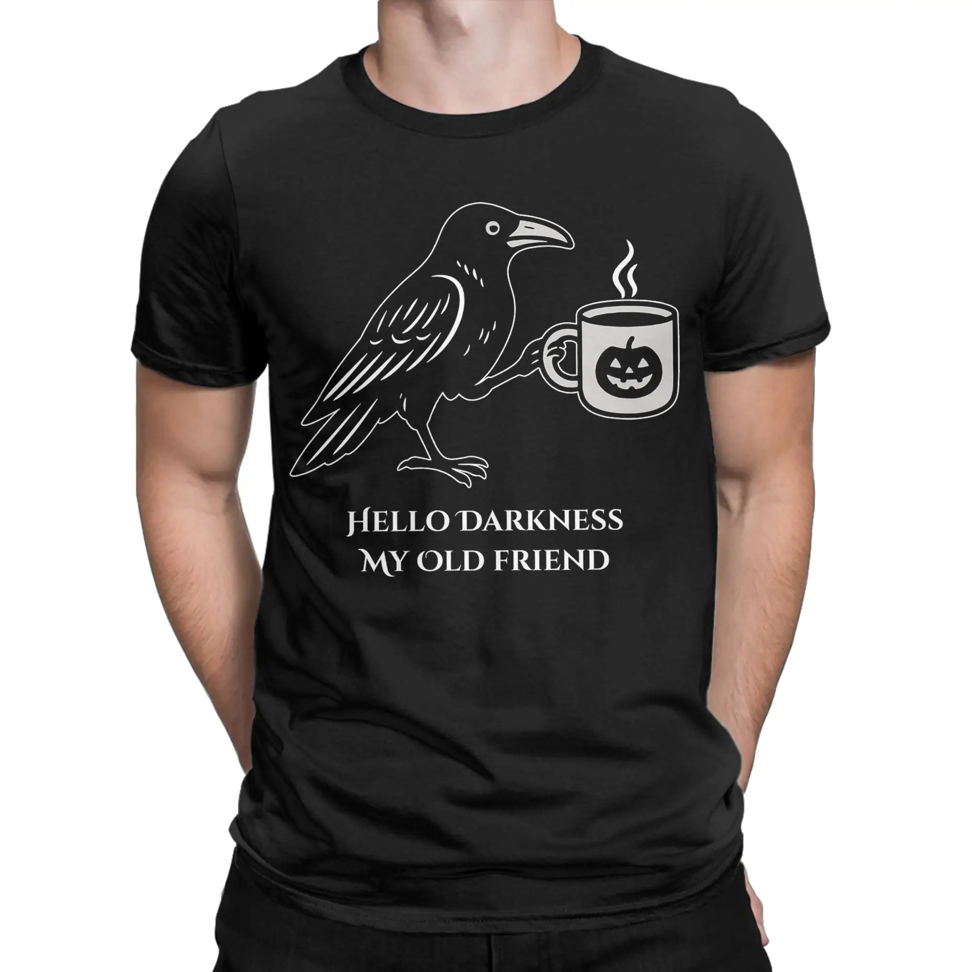 

Crazy Hello Darkness My Old Friends CROW COFFEE T-Shirt for Men Crewneck Cotton T Shirts Short Sleeve Tees Big Size Clothing
