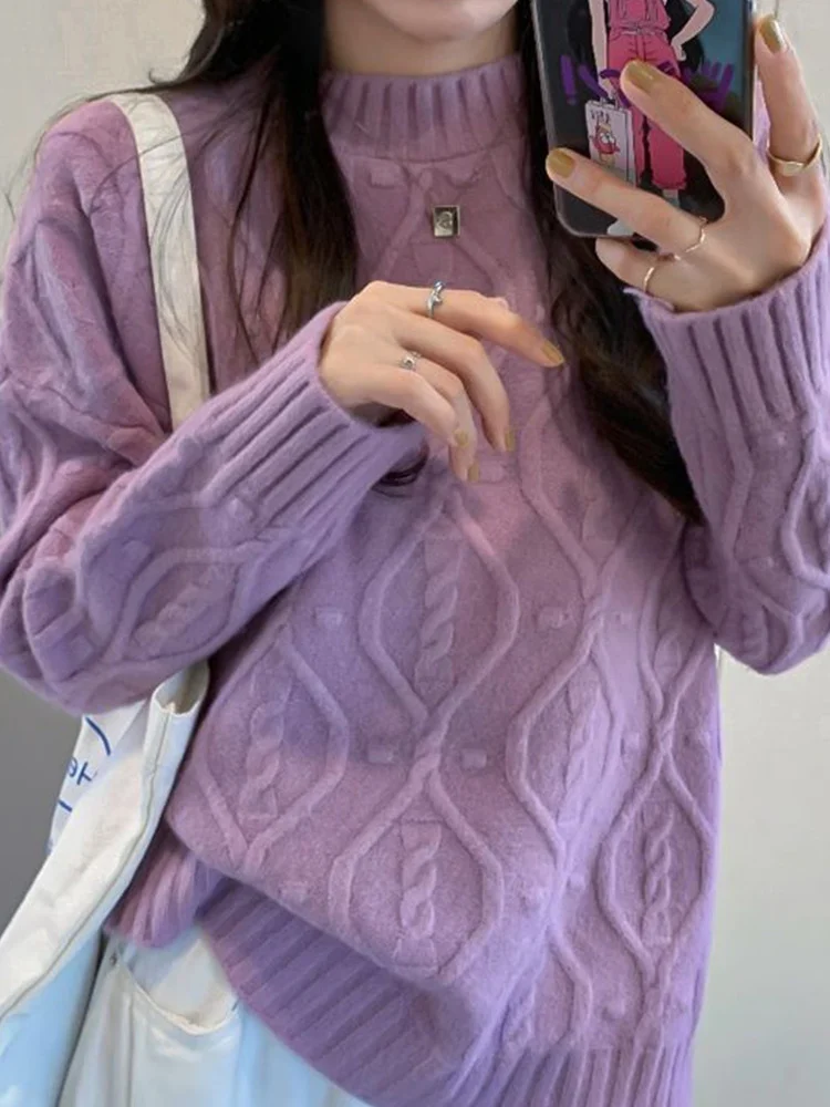 

Мягкий фиолетовый вязаный свитер Thiened, свободный круглый пуловер Ne, женская модная верхняя одежда Lazy Sle на осень-зиму
