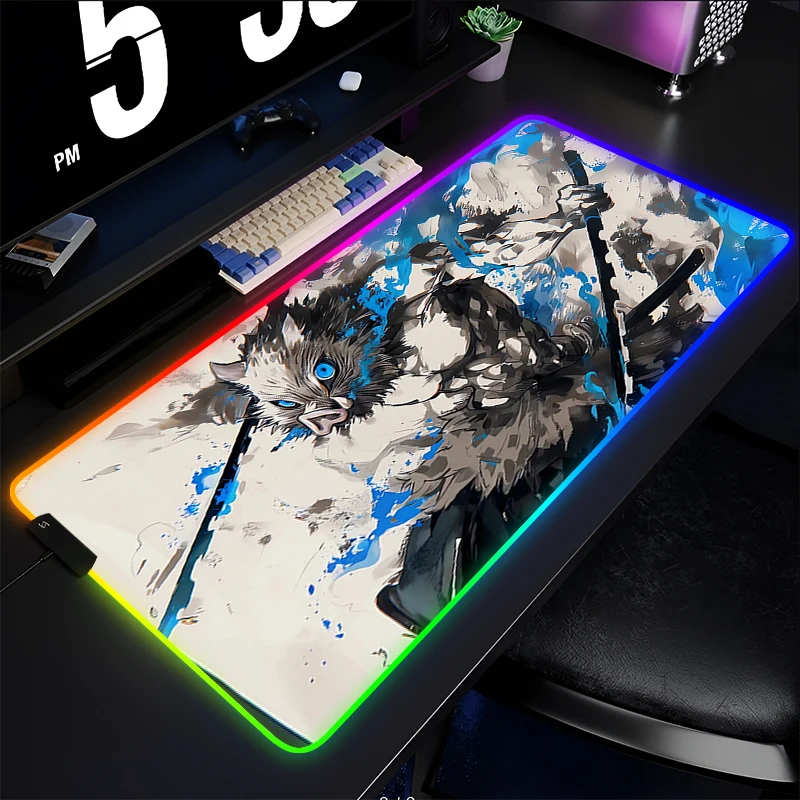 RGB Mouse Pad LED Luminous Mousepad Laptop Japan Anime Manga Extended Desktop Mat PC Demon Slayer Inosuke HD Print Keyboard Pad