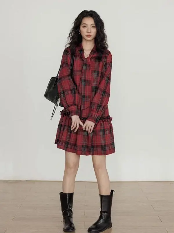 

plus Size Women's Vintage Plaid Long Sleeve V-Neck Dress Casual Spring A-Line Midi Dress Breathable Comfortable Non-Ironing