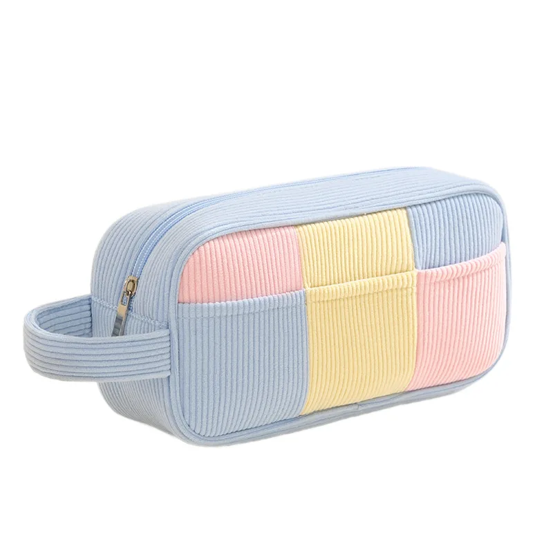 Denim twill color-blocked patchwork handbag for travel and portability, large capacity lipstick and skincare storage bag