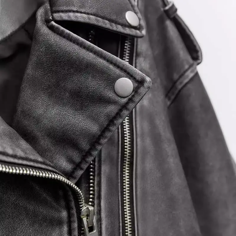 ヴィンテージレザーバイカージャケットショートスタイルフェイクレザーオートバイコートハイウエストデザインポリエステル繊維長袖ジッパー開閉