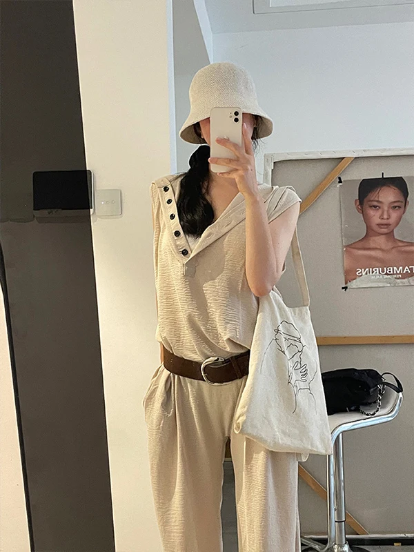 จั๊มสูทมีฮู้ดสไตล์เรโทรสำหรับผู้หญิง แฟชั่นต้นฤดูใบไม้ร่วง ใส่เลเยอร์ได้ สบายๆ ช่วยให้ดูผอมเพรียว กางเกงขายาว