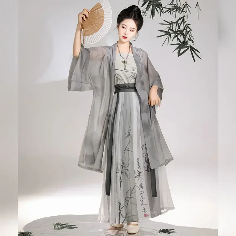 Autumn Women Traditional Chinese Clothing Grey Light Jacket Bamboo Print Dress Camisole Vêtements Traditionnels Chinois Femme