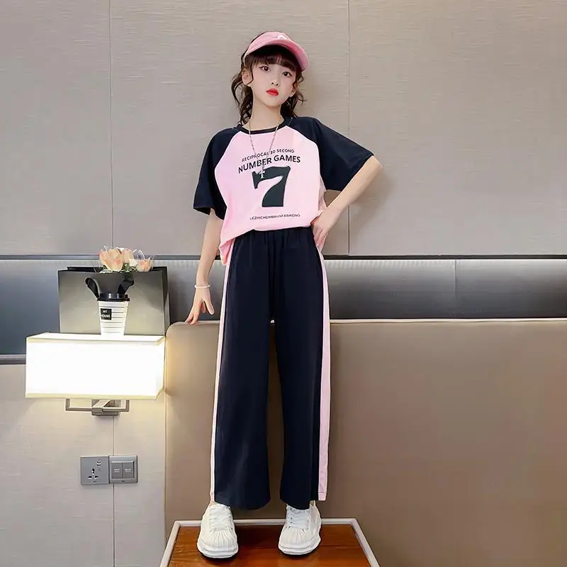 Girls 2023 Summer New Fashion Trendy Short Sleeve Suits 4 6 8 10 12 14 Years Youth Teenage Girls Korean Style 2Pcs Tees Clothes