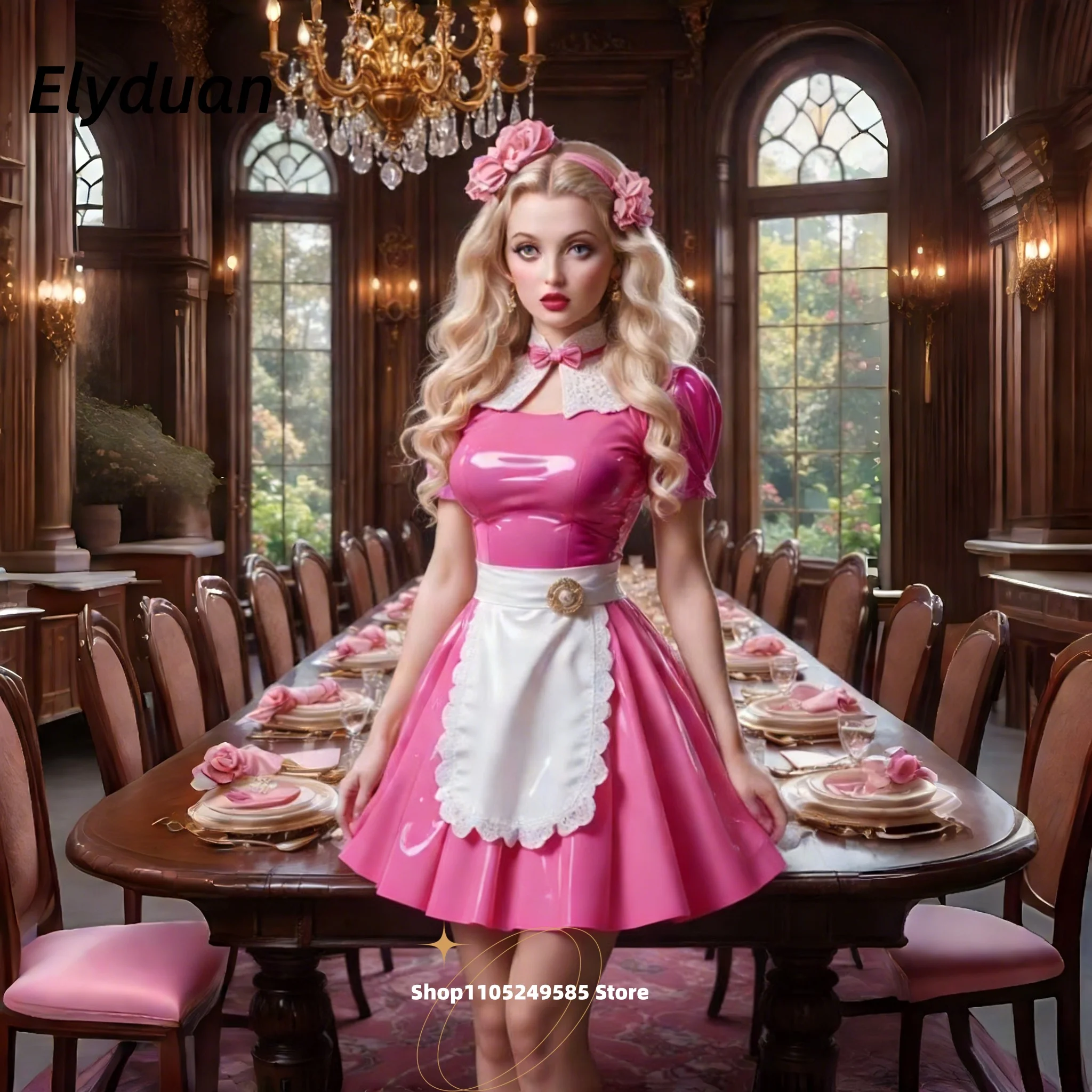 

Pink Maid Short Prom Dress Shiny PVC Cocktail Party Evening Gowns Customized Sissy Costume Masquerade Special occasion Wear