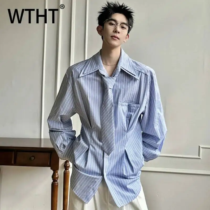 

WTHT Fashion Men's Fake Two-pieve Striped Lie Design Shirts Trendy 2026 Summer Single Breasted Long Sleeves Tops Male 2A3073