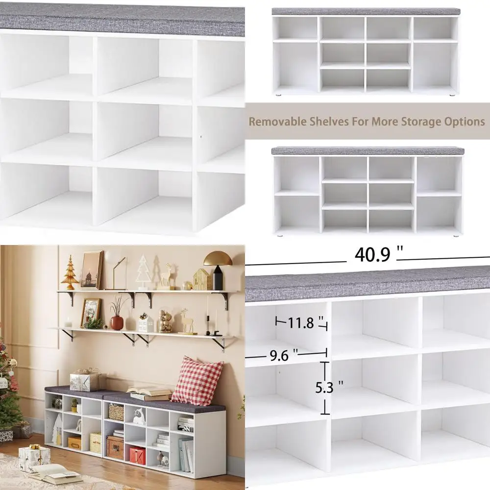 

Multifunctional White Shoe Storage Bench with Cushion and 12 Cubby Shelves for Entryway, Mudroom, and More