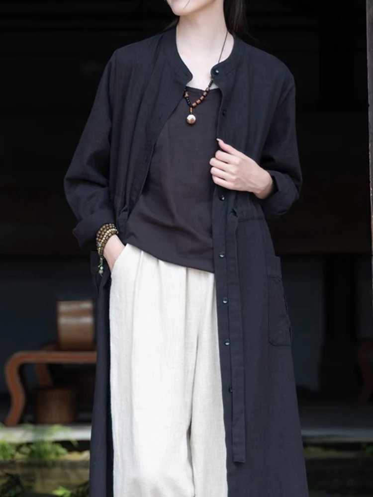 

Ramie Linen Duster Coat Women Traditional Long Sleeve Trench With Waist Rope Spring Autumn Loose Cotton Blend Outerwear