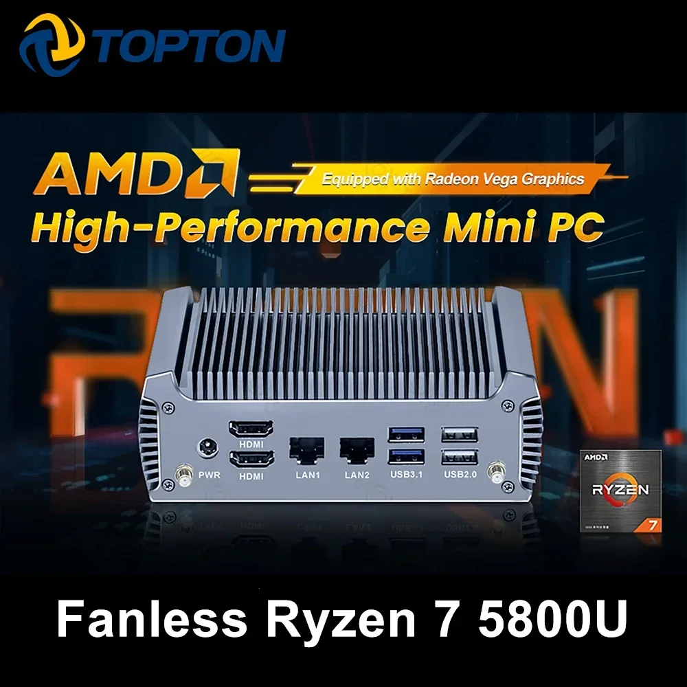 Topton Fanless AMD Mini PC Ryzen7 5825U 4800U Gaming Mini Computer Windows 11 Dual LAN Firewall Router 2*HDMI2.0 NVMe DDR4 WiFi6