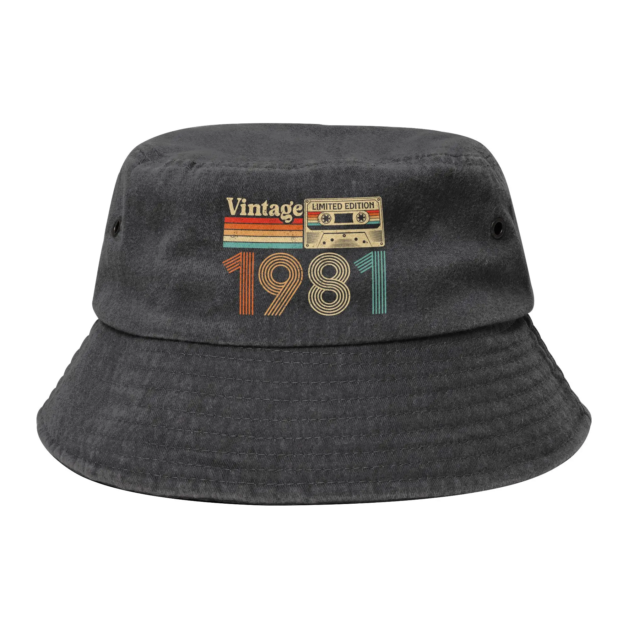 45 Year Old Vintage Born In 1981 Bucket Hat for Men Women 45th Birthday Distressed Denim Field Hat for Outdoor Fishing Hat