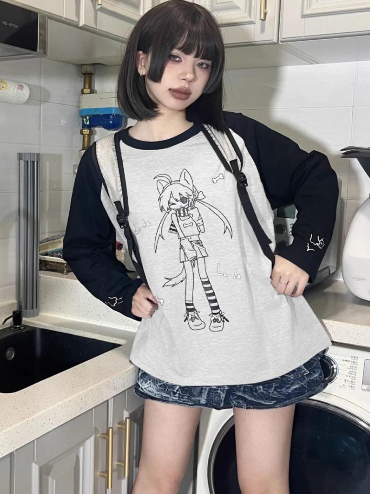 

Цветная блузка с принтом японского аниме для девочек, винтажная хлопковая футболка Long Sve, женский милый свободный круглый топ из чистого хлопка