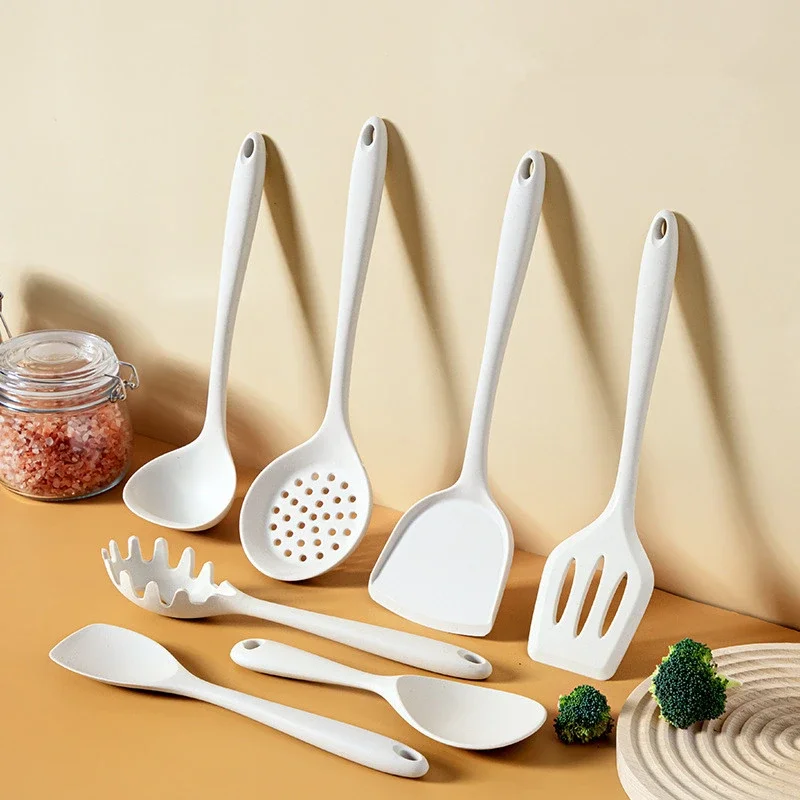 

7PCS Silicone Cooking Tool Set with Long Handle, Rice Spoon, Frying Spatula, Colander, Soup Ladle, Kitchen Accessories
