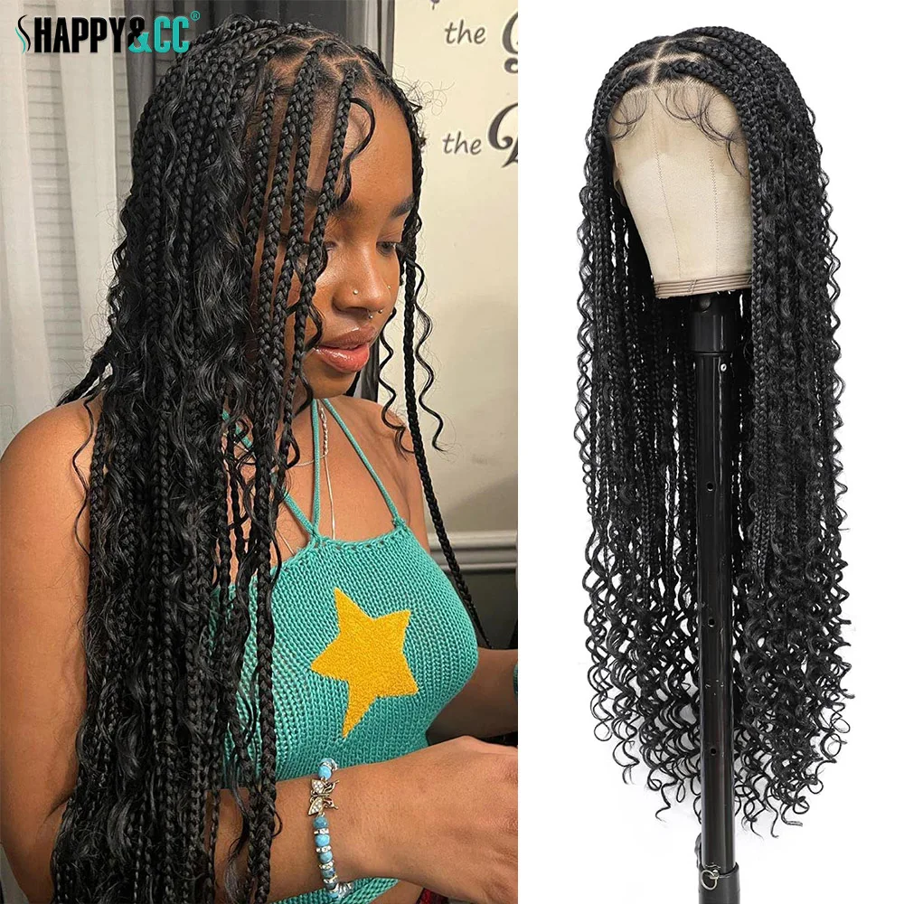 Boho Box Braided Wigs for Black Women 24inch Knotless Full Double Lace Wig Bohemian Curly End Goddess Square Part Braid Wig