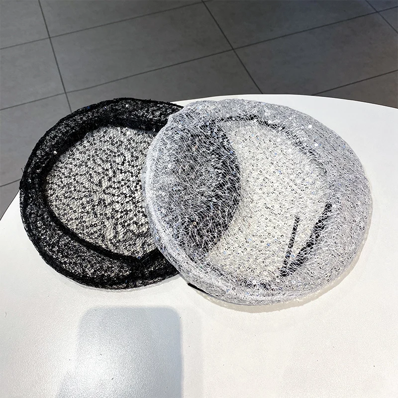 Thin Sequin Mesh Hat Women Spring Summer Niche Personality Sweet Cool Beret Fashion Lace Cutout Painter Hat Designer Baotou Hats