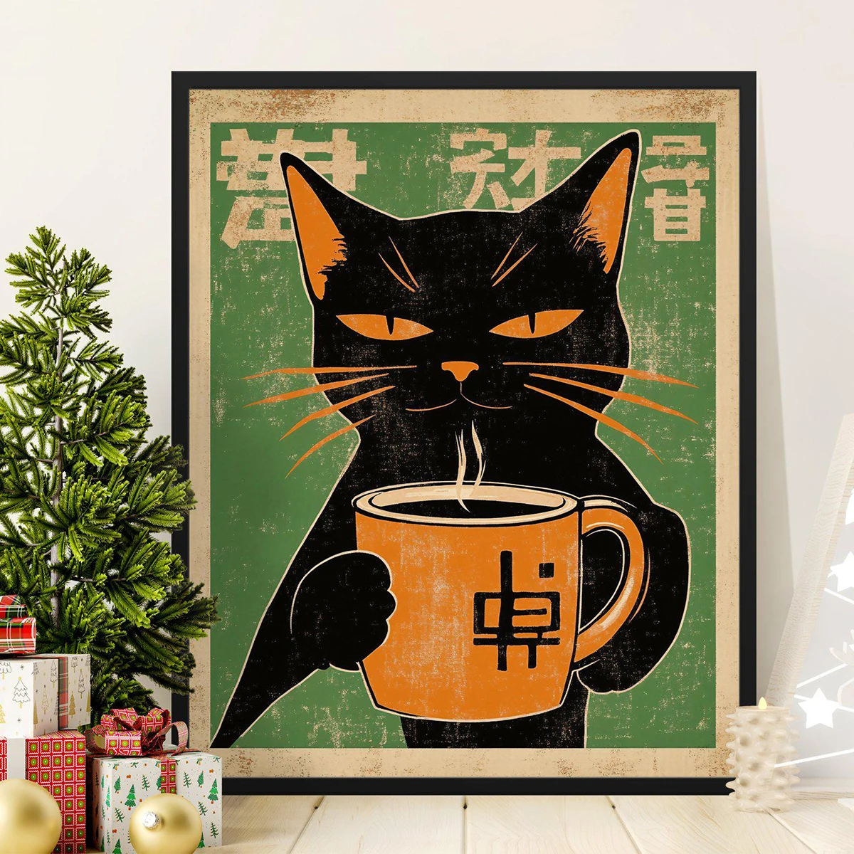 Japanese Retro Black Cat Canvas Prints Poster Whimsical Cute Funny Cat Eating Noodles Art Prints Wall Art Home Decor Art Poster