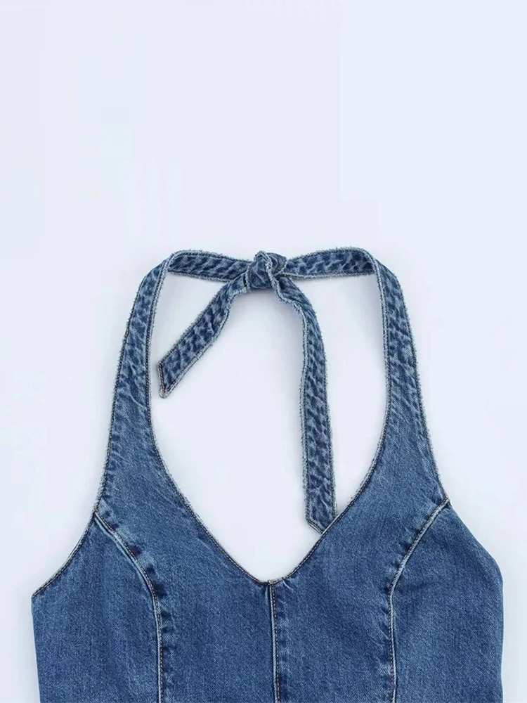 Donna Sexy Hanging Neck Backless Denim One-piece Shorts Estate Nuovo Y2K Waisted Slim High Street V-Neck One-piece Pants