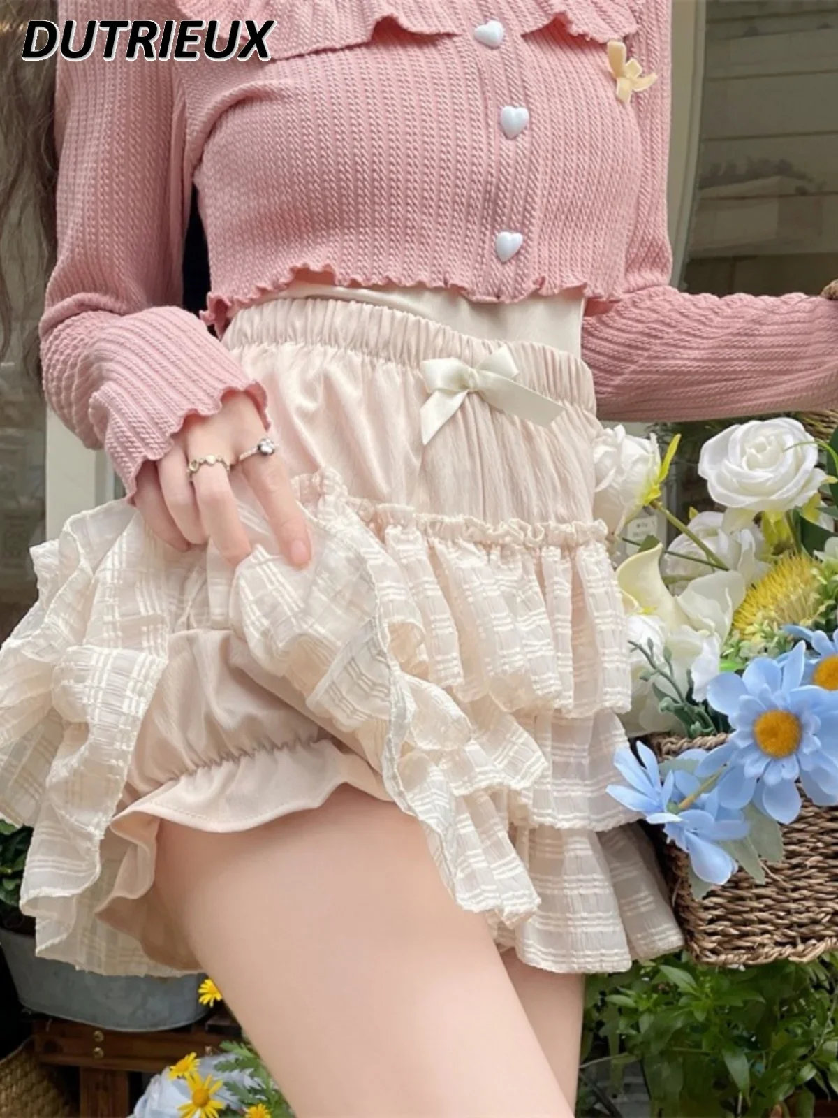 Minifalda de cintura elástica con volantes para mujer, Falda corta de pastel, estilo Kawaii, cintura alta, ajustada, línea A, dulce y lindo, Verano