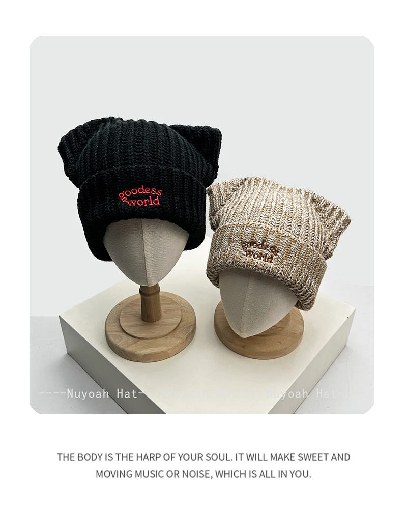 Neue Herren- und Damenmützen im koreanischen Stil mit Buchstabenstickerei und Katzenohren, warme, vielseitige und individuelle Beanies im Retro- und Ins-Stil – Detail 5