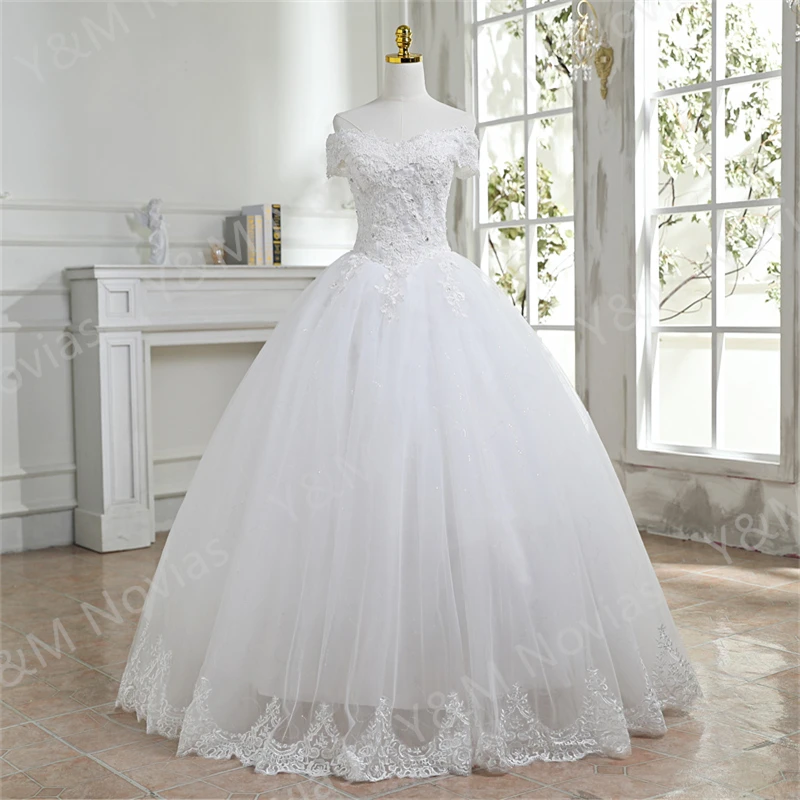 

Y&m Novias New Fashion Lace Applique Off Shoulder Ivory Wedding Dress Plus Size Sleeveless Bridal Wedding Gown Princess