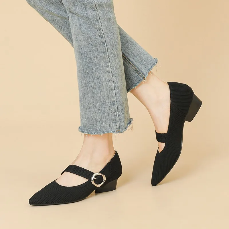 Women Mary Jane Shoes Pointed Toe 2024 Autumn New Shallow Ribbon Women Dress Shoes Large-size Knitted Mid-heel Shoes Ladies