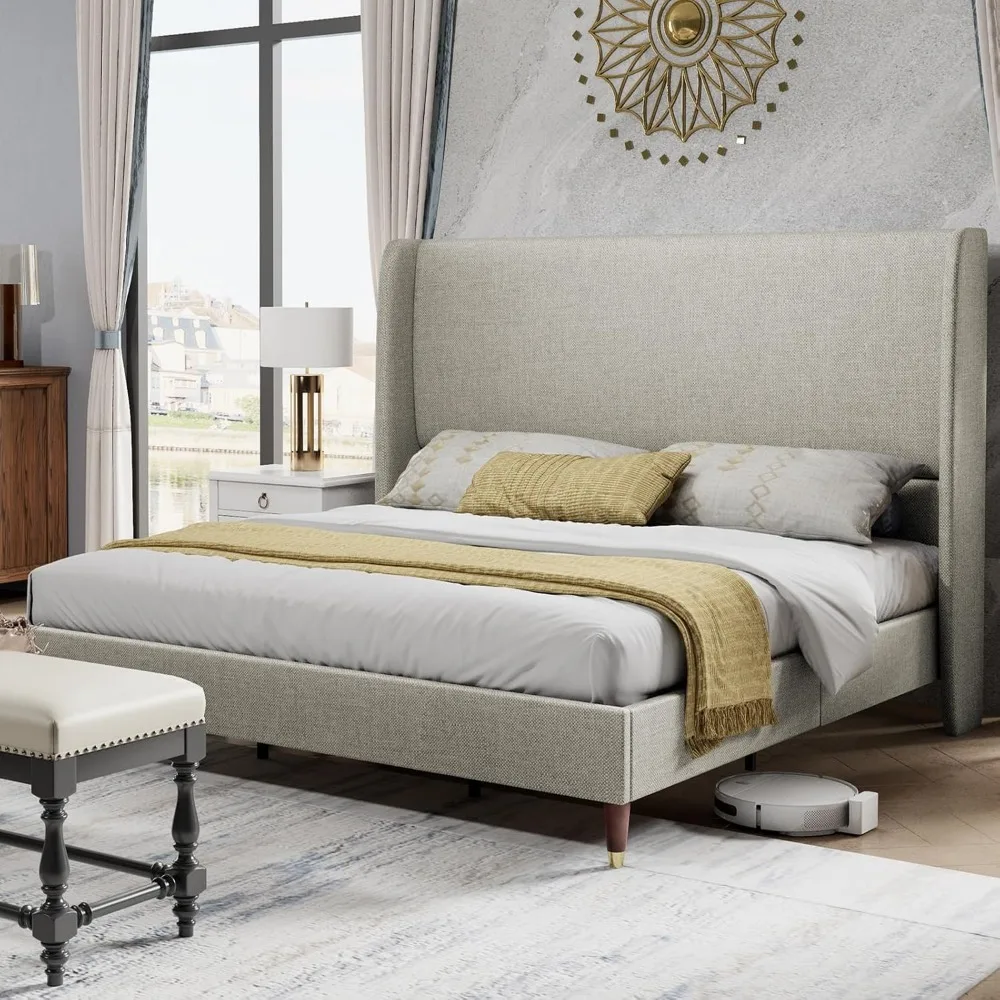 

Platform Bed Frame 51.2" High Headboard Tall Upholstered Bed/No Box Spring Required/Wood Slat Support