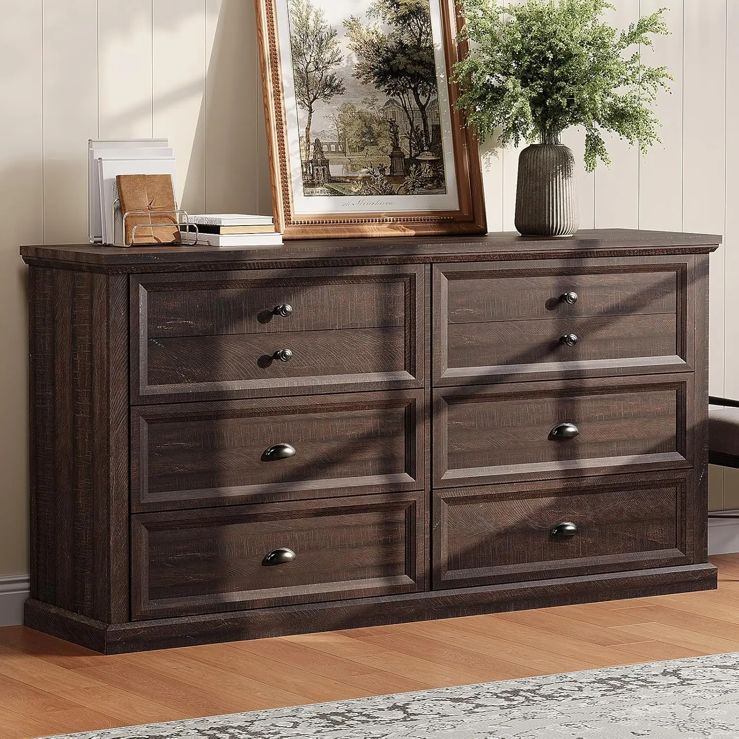 Amerlife 58 Inch Dresser For Bedroom, Farmhouse 6 Drawer Dresser, Tv Stand For Bedroom, Dressers & Chests Of Drawers, Living