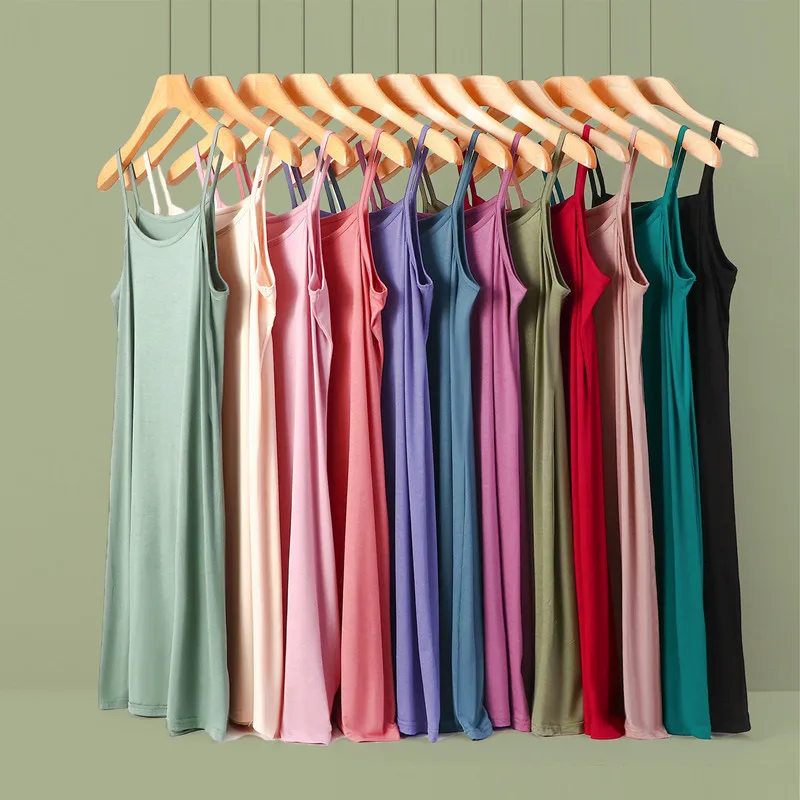 

Summer Thin A-Line Dress Women's Strapless Midi Skirt Sleepwear Casual Comfortable Polyester Fabric round Neck Pure Color