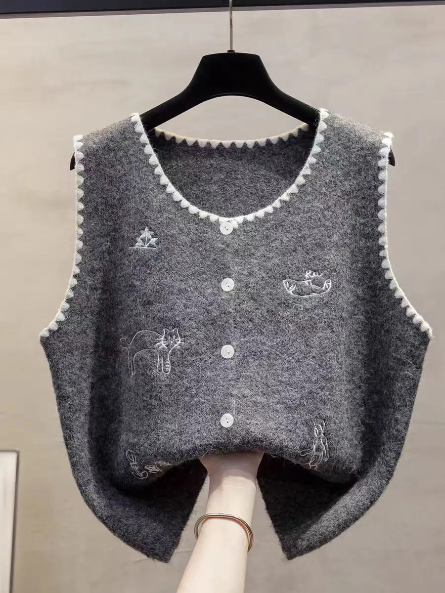 

Cute Cat Cartoon Embroidery Korean Style Knitted Sweater Vest Women Cardigan Single Breasted O-neck Slim Casual Waistcoat 2026