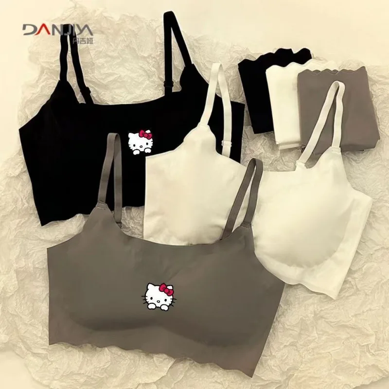 Sanrio Cartoon Anime Hello Kitty Underwear, Traceless Ice Silk Underwear Girls Traceless Steel Rim Gathering Sports Student Vest