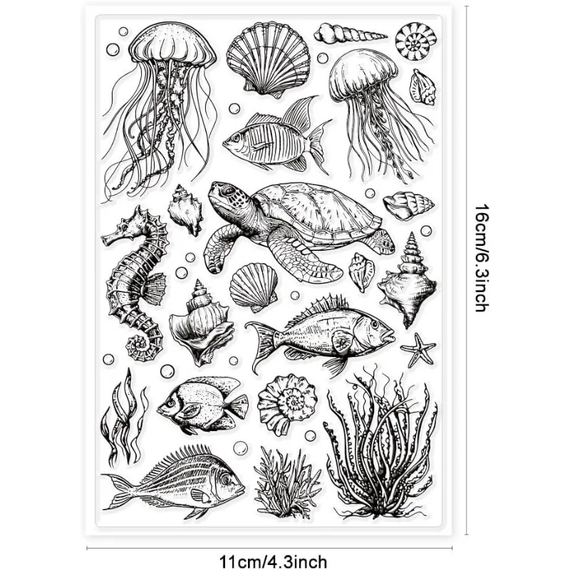 1pc Marine Life Background Clear Stamps Ocean Animals Clear Rubber Stamps Silicone Stamps for DIY Scrapbooking 6.3x4.33inch