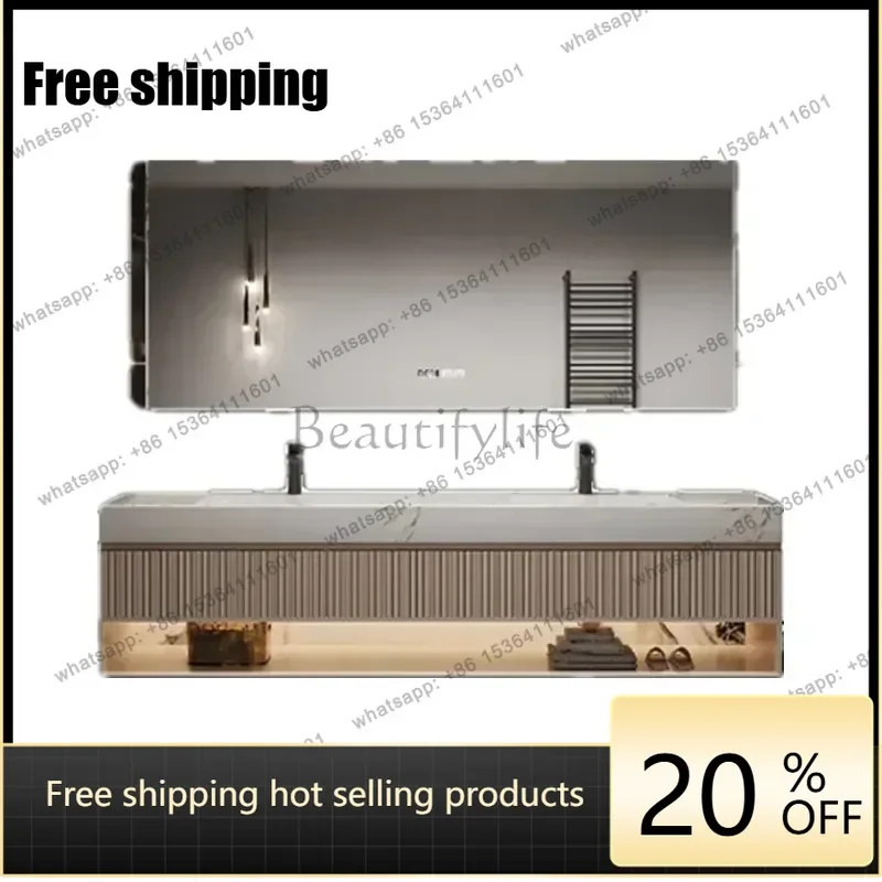 Mirror Cabinet French Light Luxury Rock Slab Seamless Double Basin Bathroom Cabinet Combination Washstand Solid Wood Washbasin C