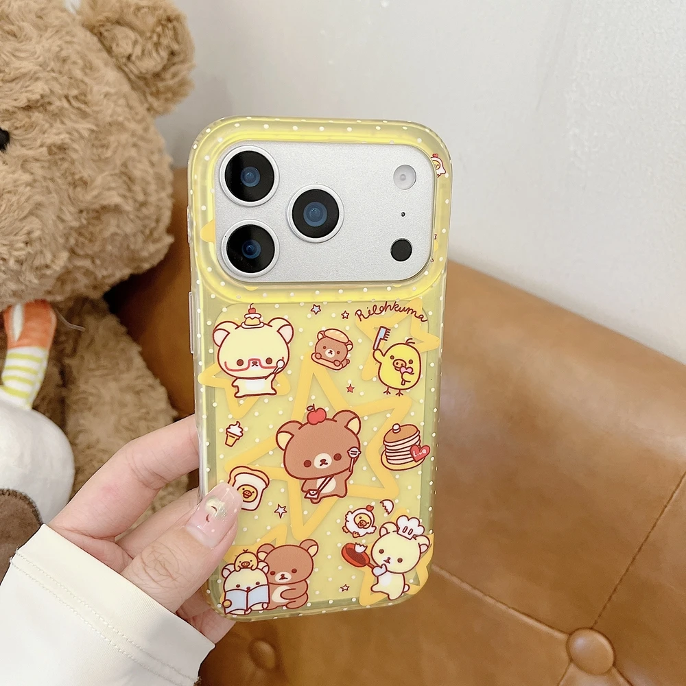 Cute Cartoon Japan Anime Rilakkuma Bear Kiiroitori Phone Case For iPhone 17 16 15 14 13 Pro Max Cases Shockproof Hard Cover view 2