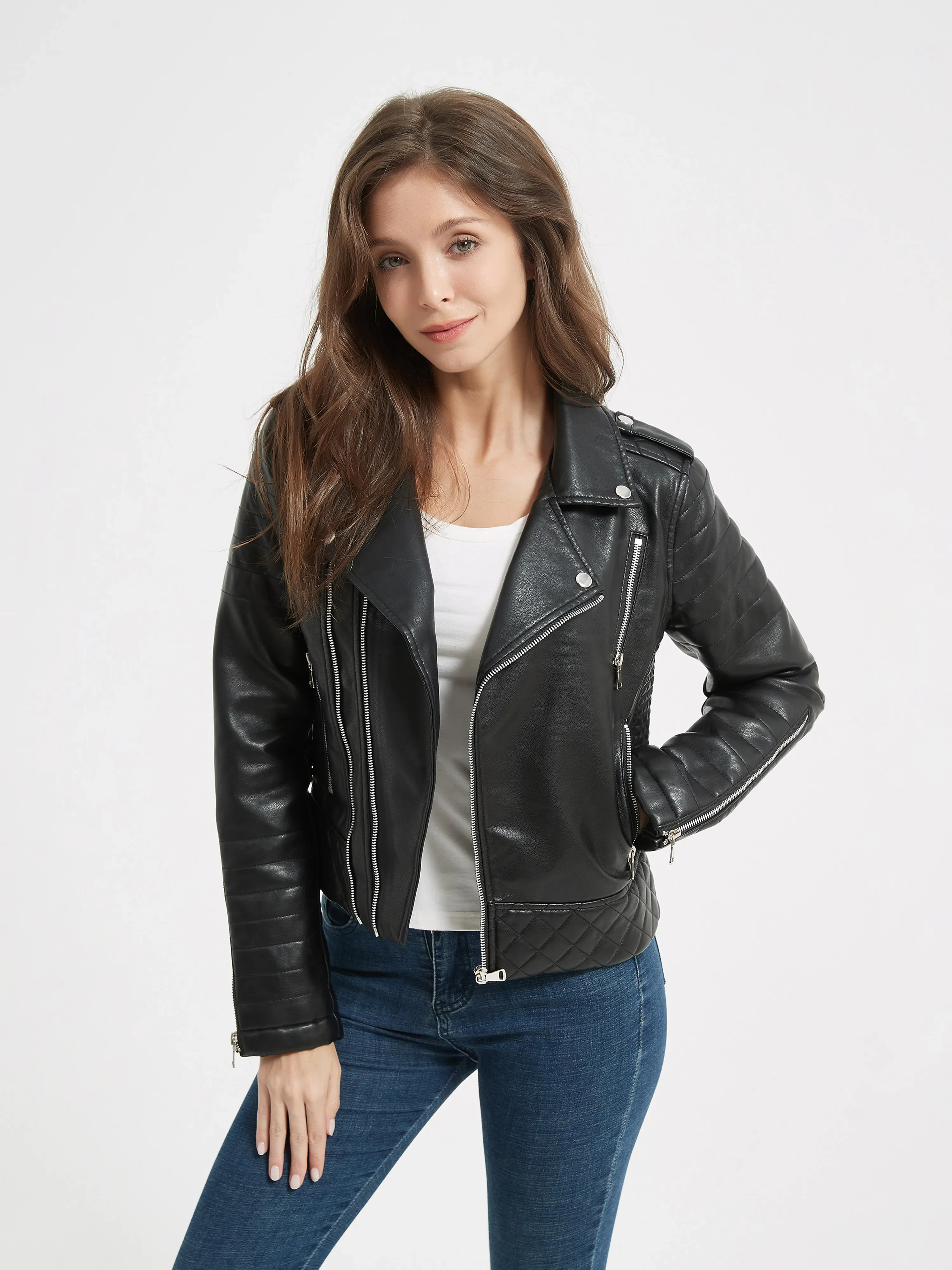 2025년 신상 봄 가을 여성 인조 가죽 숏 재킷 엠보싱 모터사이클 바이커 여성용 지퍼 라펠 루즈 코트 아우터웨어