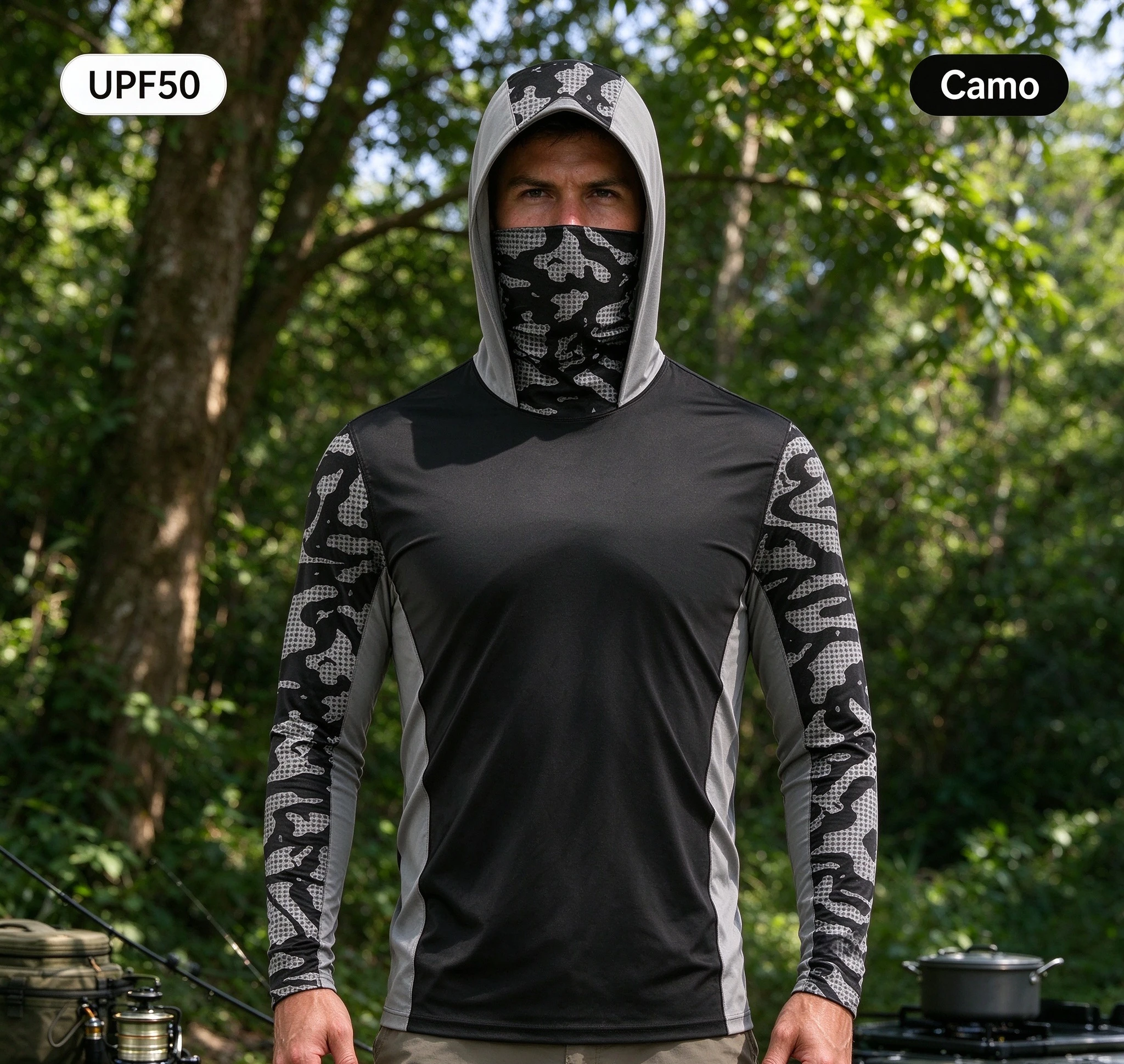 Unisex Fishing Hooded Shirt UPF50 Sun Protection Face Cover Long Sleeve Quick Dry Gray Camo Outdoor Hunting Hiking Stretchy