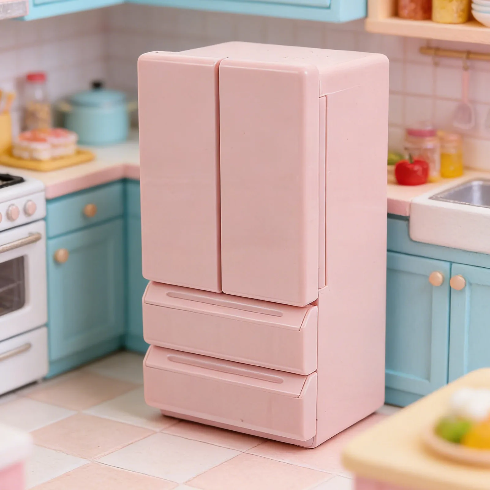 

Miniature Refrigerator Dollhouse Double Door Illuminated Small Fridge for Kids Playroom Bedroom Kitchen Accessories Pretend Play